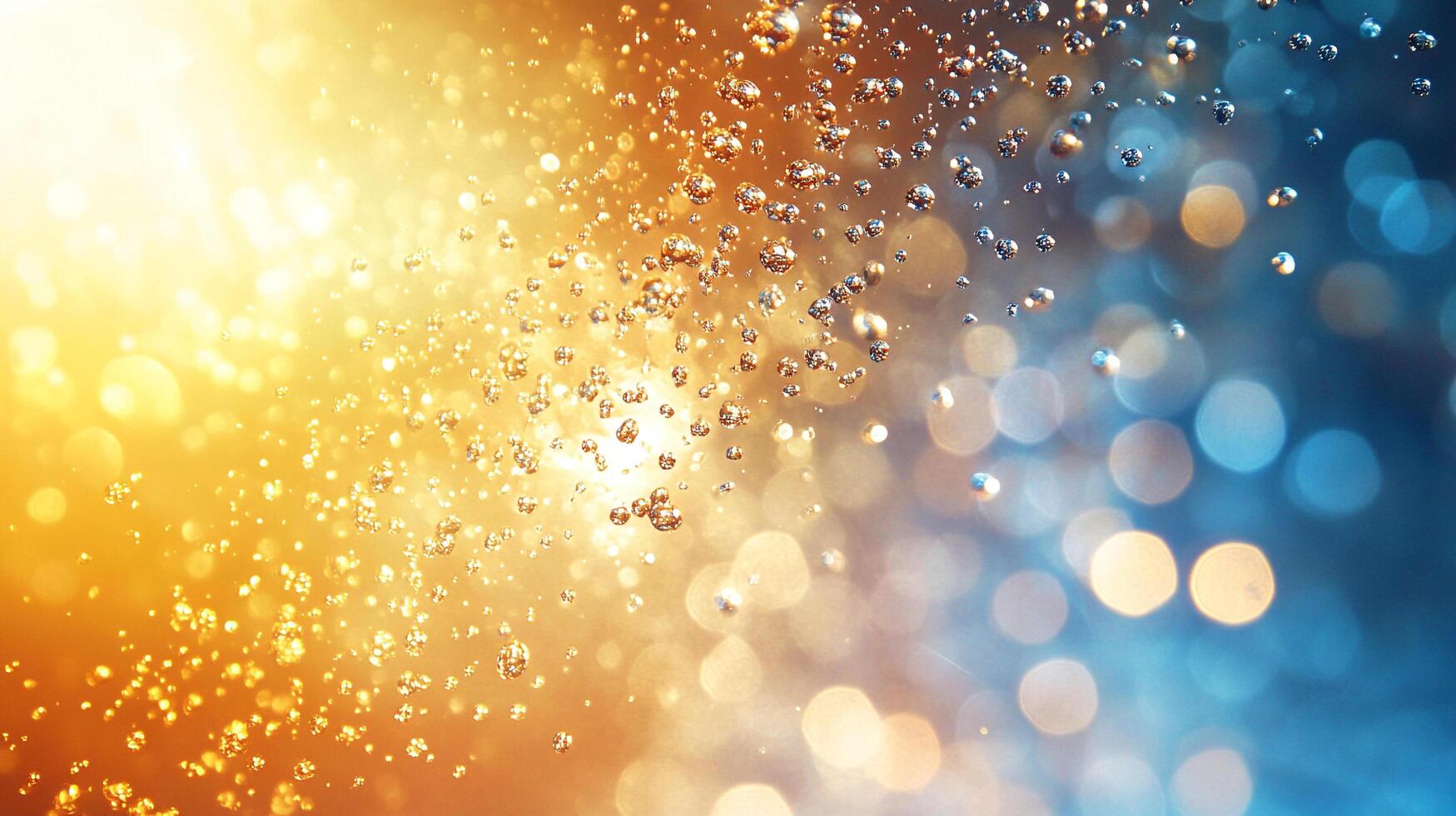 Abstract splash of liquid droplets, bathed in golden sunlight and cool blue hues, evoking a sense of refreshment and ethereal beauty. photo