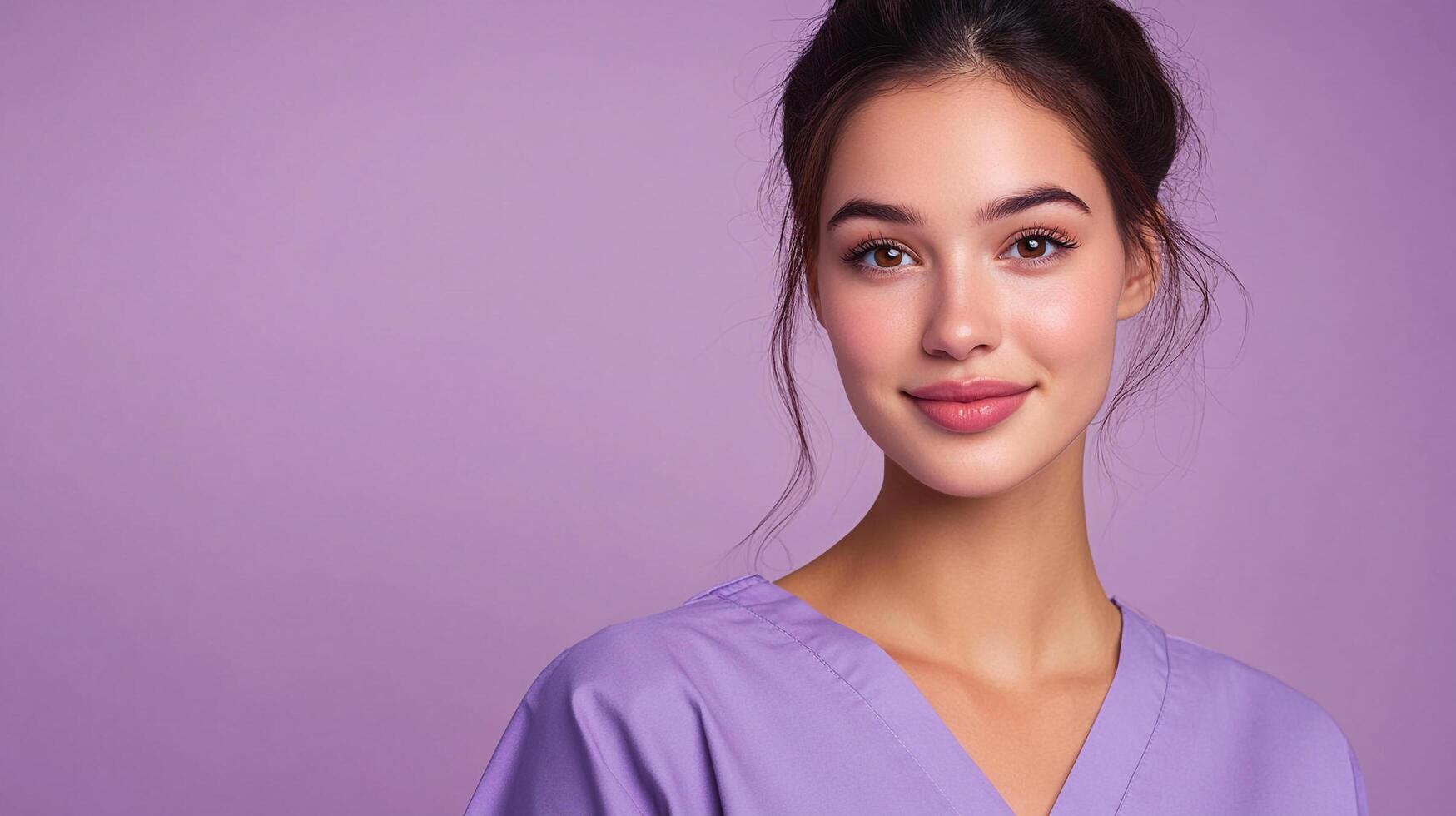 Portrait of a young woman in purple scrubs, her hair pulled back, smiling gently against a matching soft purple background. photo
