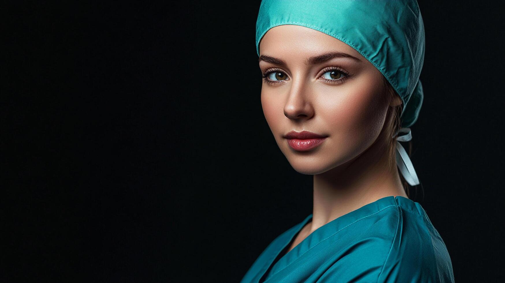 Focused health professional in scrubs and surgical cap against a black background, highlighting a medical or healthcare concept. photo