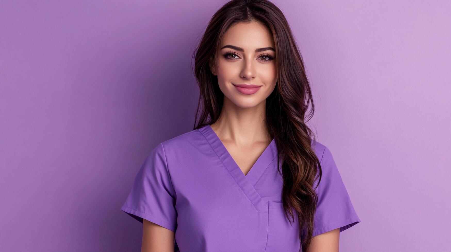 Confident professional in purple scrubs against a matching background, radiating health and wellness with a serene and inviting demeanor. photo
