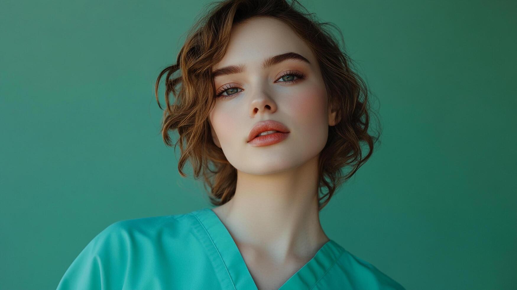 Portrait of a young woman with wavy brown hair and blue-green eyes, wearing a teal top against a matching teal background. photo