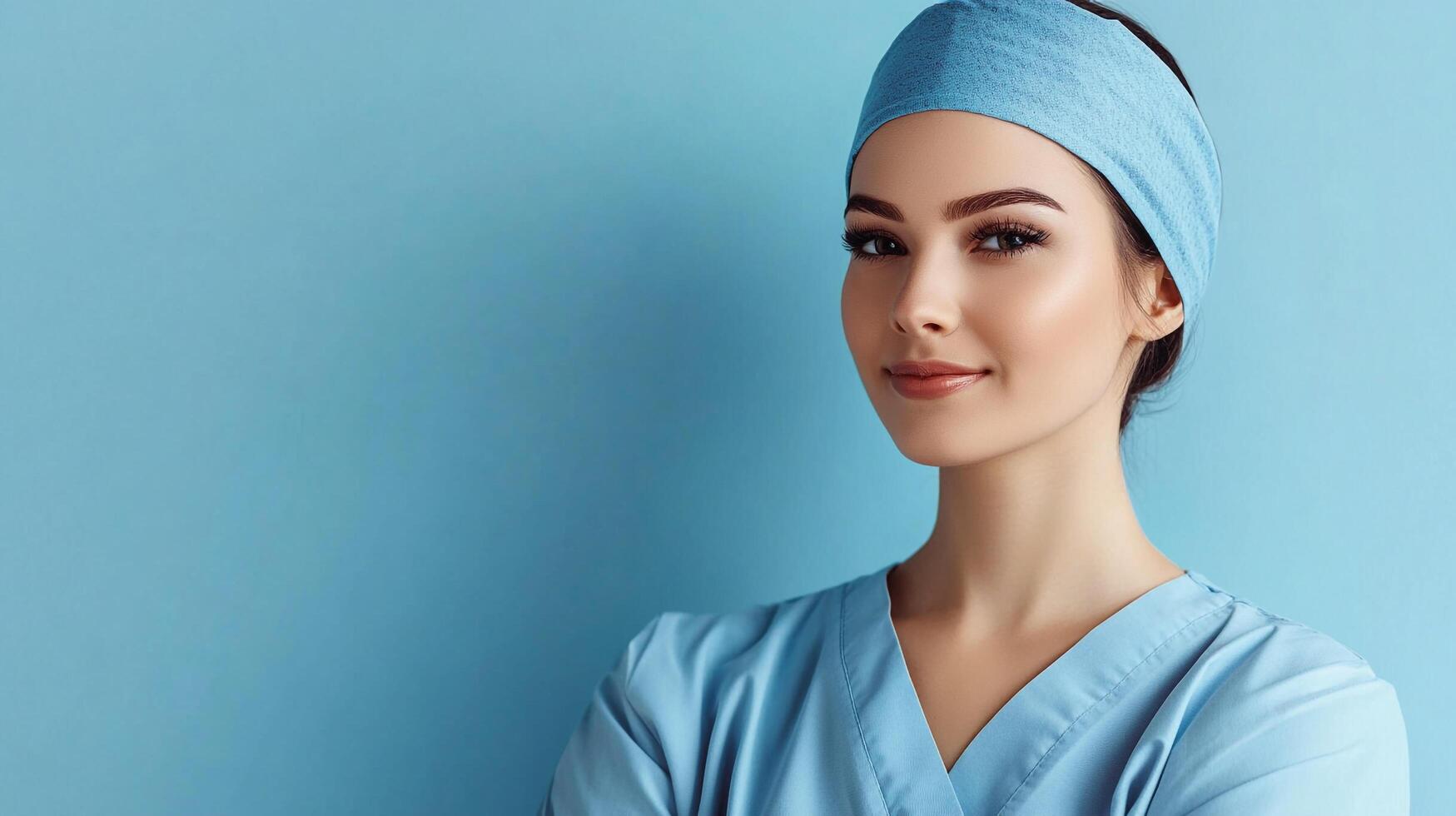 A portrait of a confident and friendly nurse in light blue scrubs with her arms crossed, posing against a matching light blue background. photo