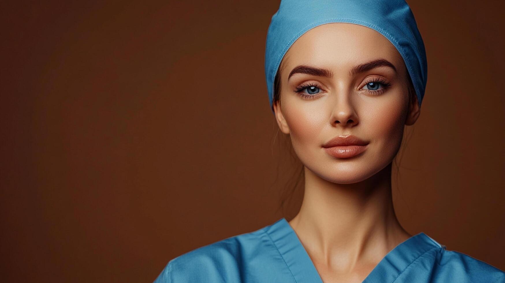 Healthcare professional in a blue surgical cap and scrubs against a solid brown background with soft lighting emphasizing their features. photo