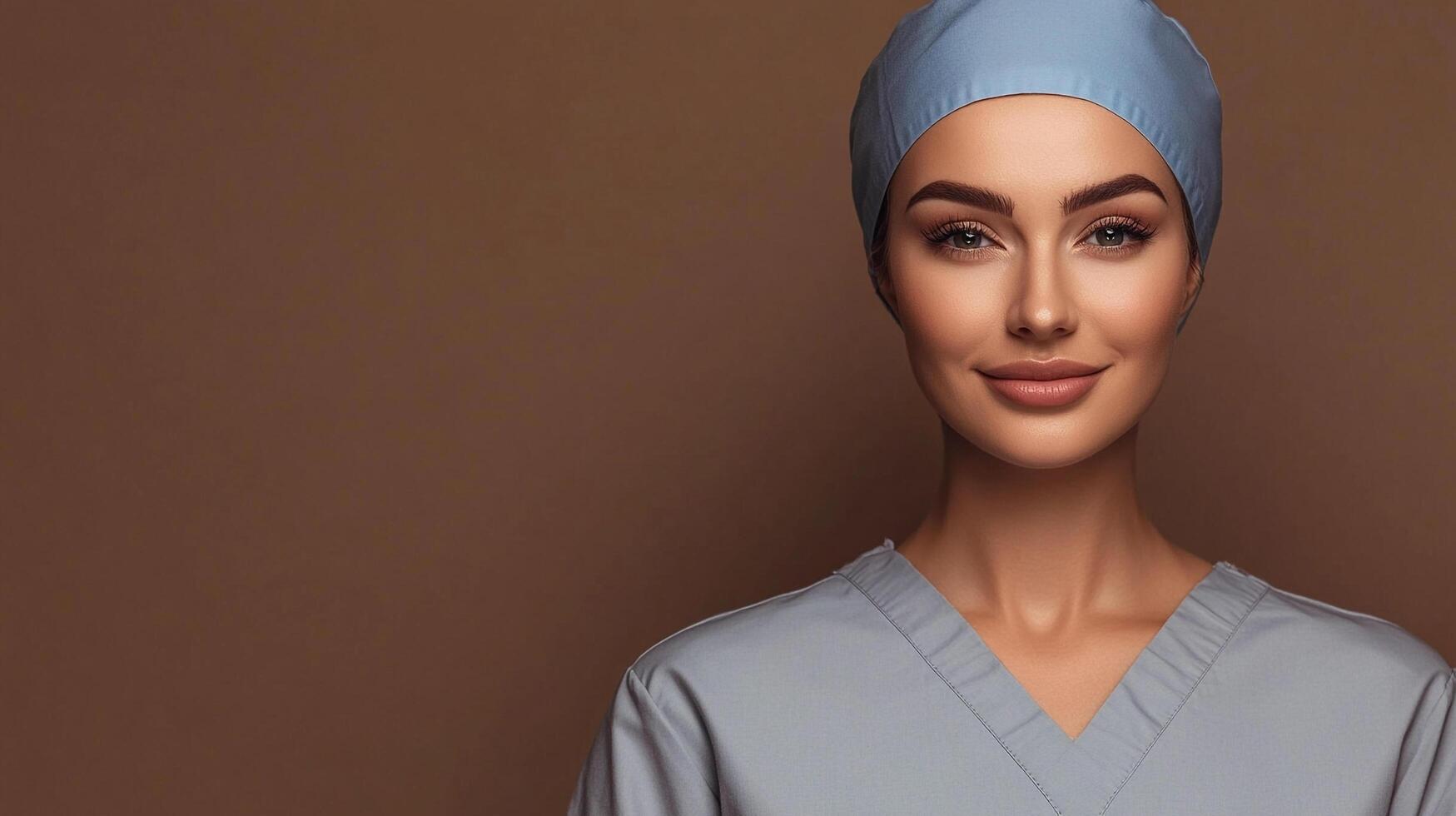 Portrait of a health professional with a warm smile, wearing a blue scrub and cap against a neutral background. Serene and confident. photo