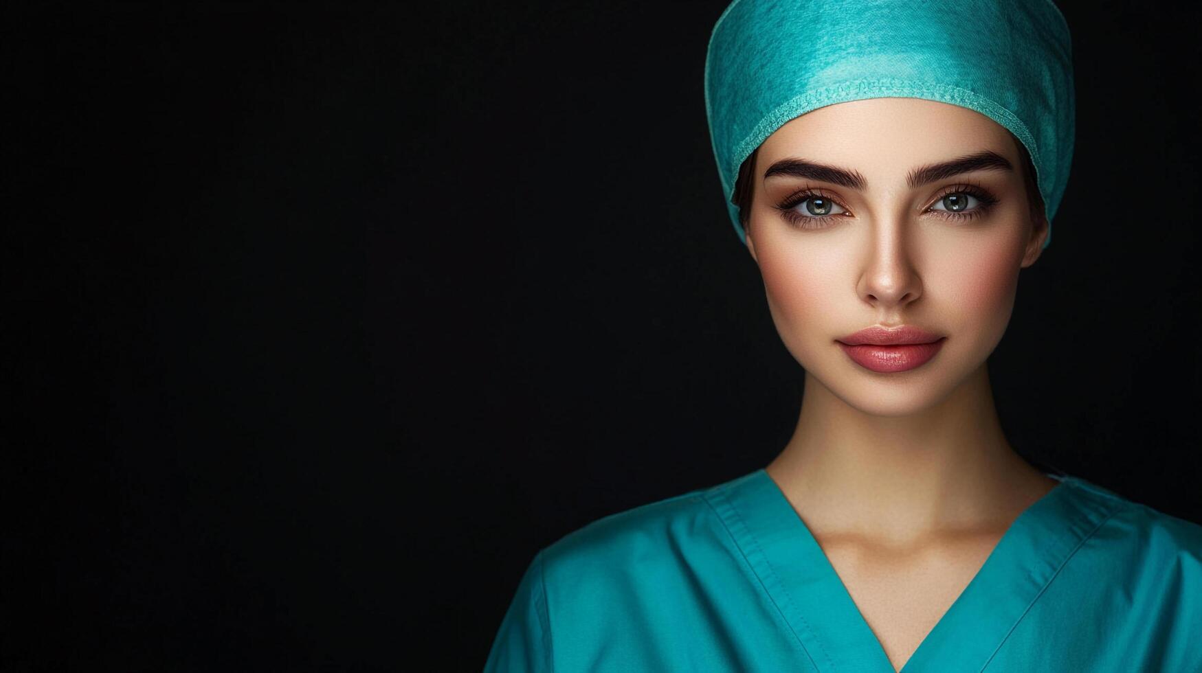 A young healthcare professional wearing a blue surgical cap and gown, posing against a dark background with direct eye contact. photo