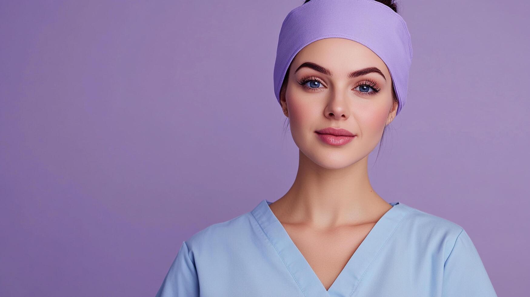A healthcare professional wearing a lilac headband and light blue scrubs in a studio shot against a light purple backdrop. She is looking forward. photo
