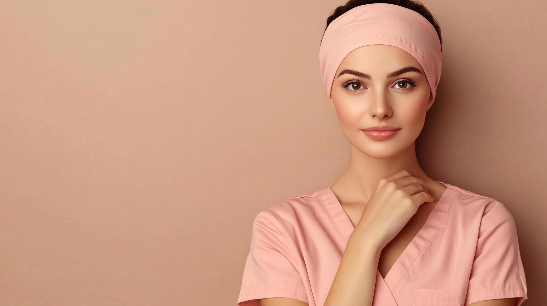 A serene woman in pink scrubs and matching headband, radiating calm and professionalism against a muted, warm background. photo