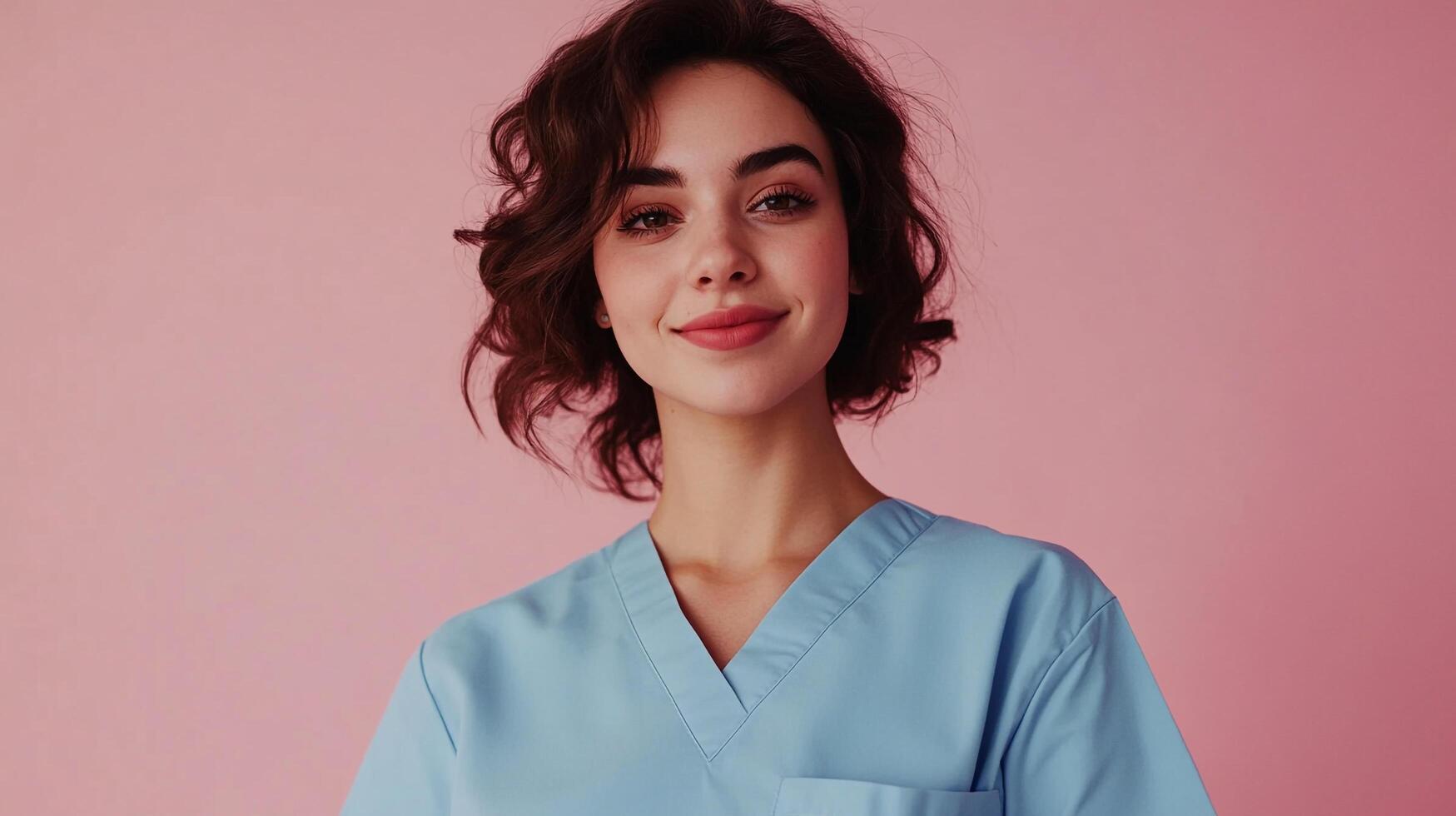 Portrait of a brunette woman in scrubs, exuding warmth and approachability against a pink background. Ideal for medical or healthcare themes. photo
