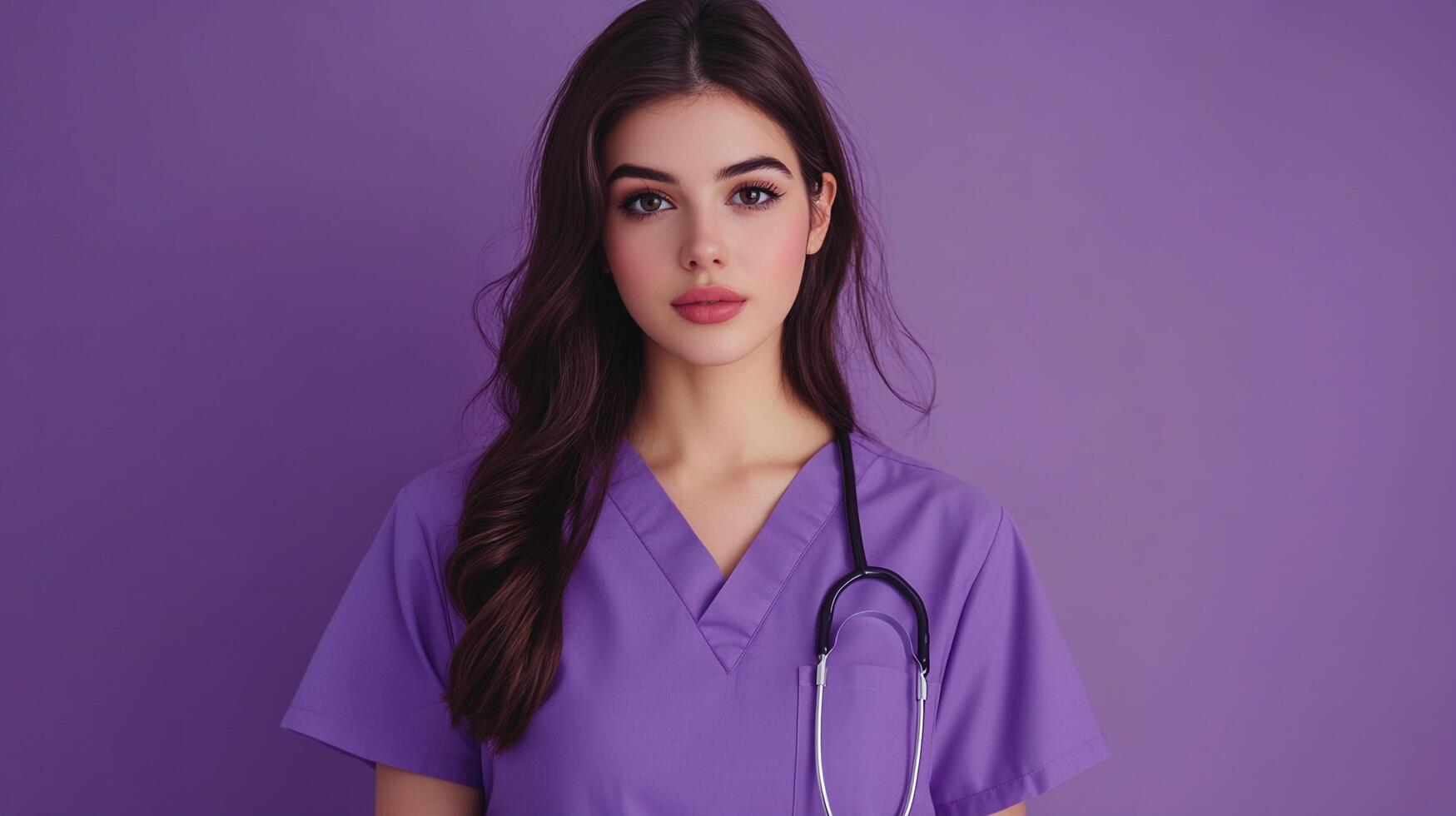 Professional health worker stands out in a portrait against a violet backdrop, her attire and stethoscope marking her medical role. photo