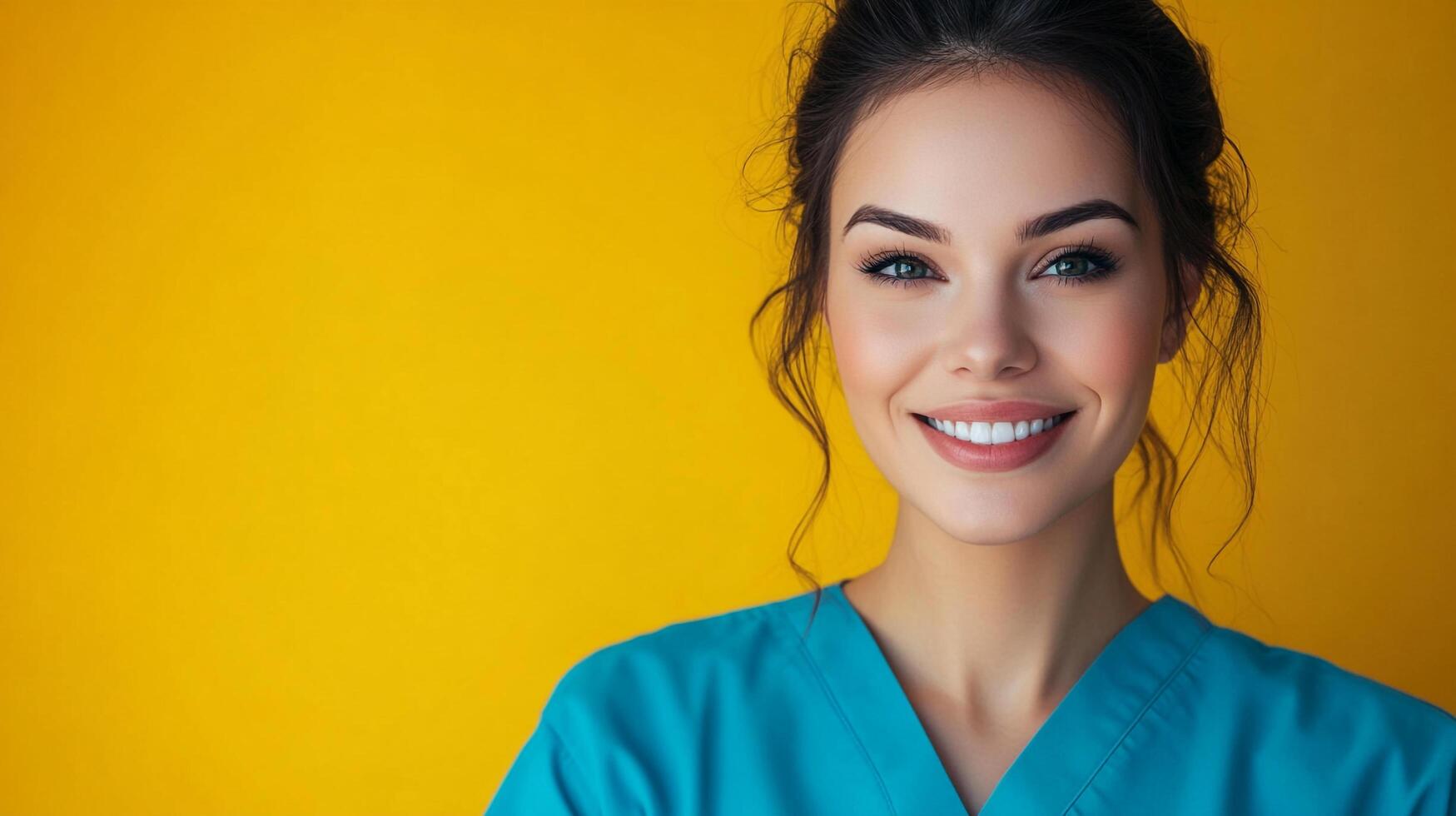 Smiling female healthcare worker in scrubs against bright yellow backdrop, radiating positivity and professionalism, confident and approachable. photo