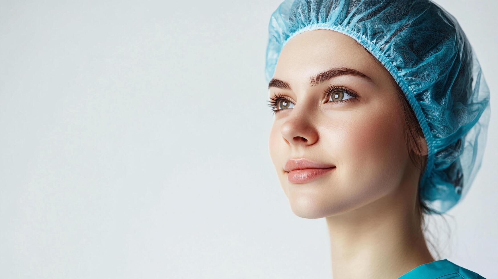 Portrait of a thoughtful young woman with clear skin, wearing a surgical cap and looking up, in a medical setting with a clean background photo