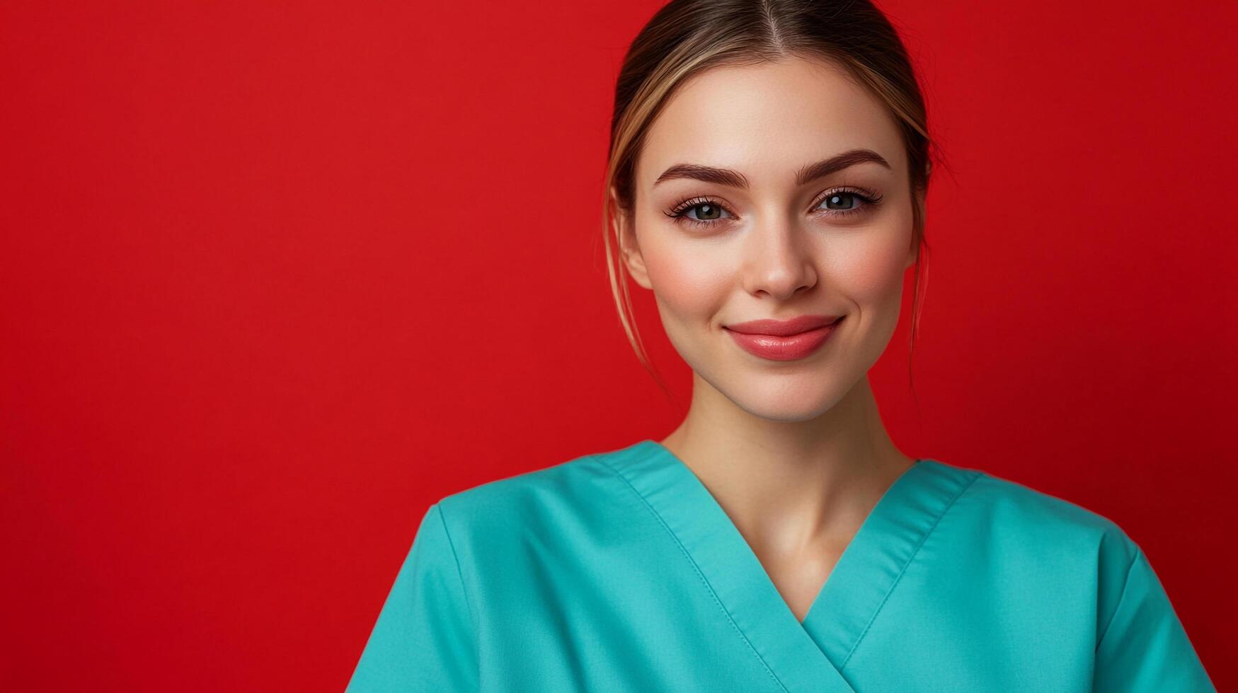 Friendly healthcare worker in scrubs. The red backdrop draws attention to the woman's kind smile and approachable, professional demeanor. photo
