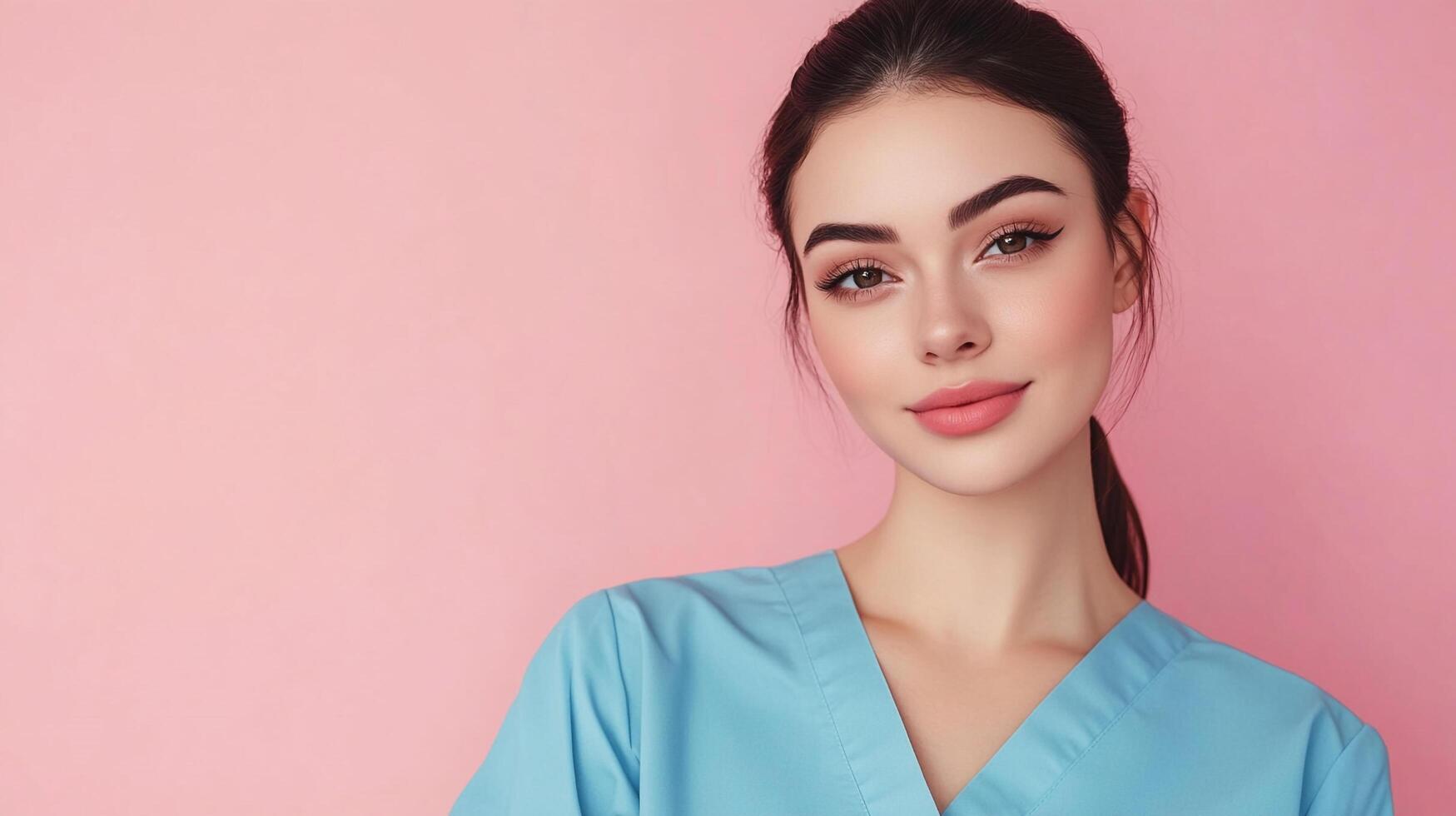Portrait of a young woman in light blue medical attire against a pink background. She has dark hair in a ponytail and soft makeup. photo