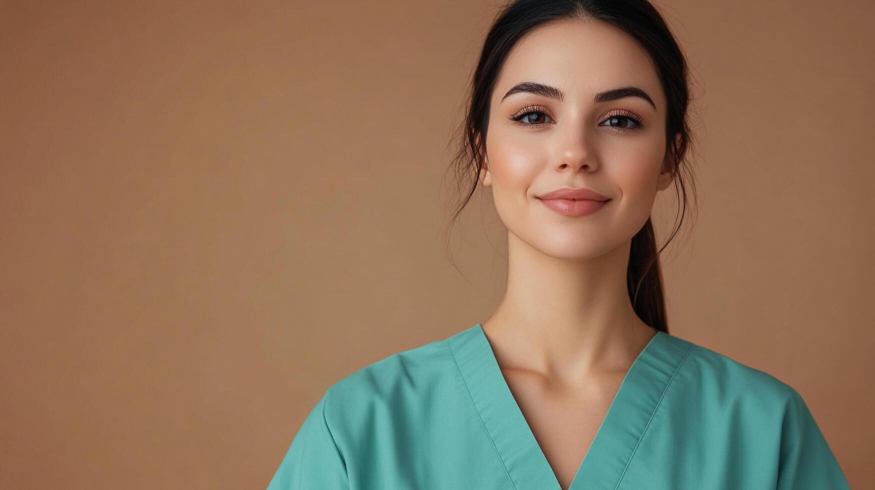 Smiling healthcare professional. Confident female doctor or nurse in scrubs, radiating expertise and compassion in a studio portrait. photo