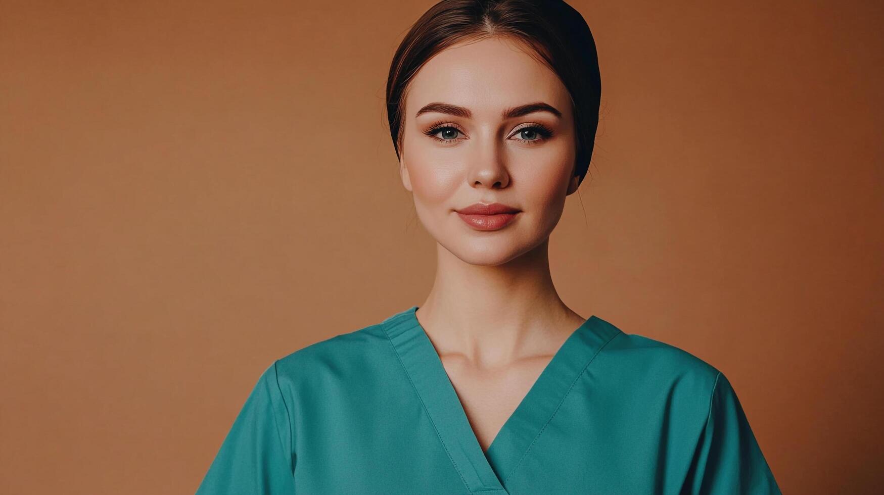 Portrait of a young professional in medical scrubs, against a neutral background. Calm and confident. Ready to serve patients with care. photo
