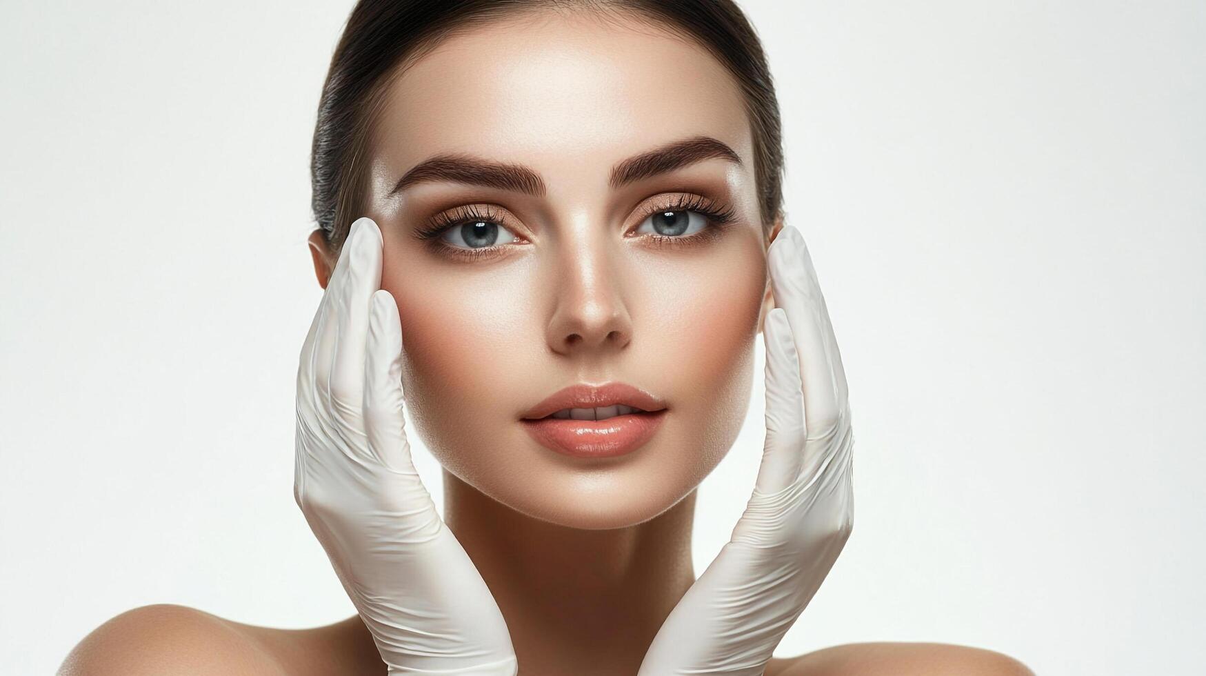 A woman with fair skin and beautiful facial features is prepped by a person wearing gloves for cosmetic treatments or skincare evaluation. photo