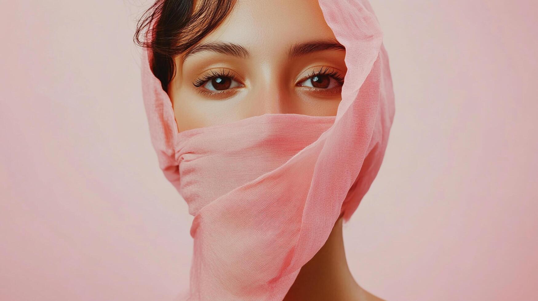 Serene beauty portrait with a delicate, semi-transparent pink fabric elegantly draped to partially conceal the face against a soft pink backdrop. photo