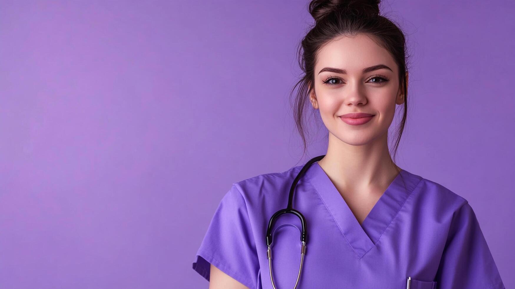 Smiling medical professional in purple scrubs with stethoscope. Health worker portrait against a purple background with copy space on the left. photo