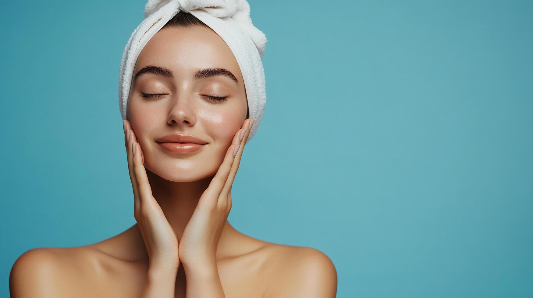 Serene woman with glowing skin, eyes closed, soft hands on face, and a towel on head. Against a light blue background, beauty is bliss. photo