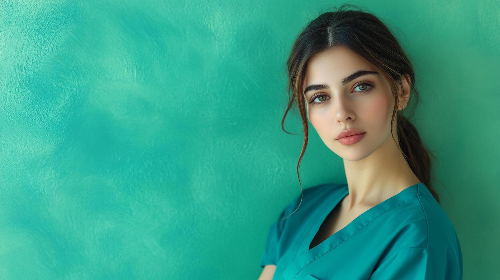 Portrait of a healthcare professional in uniform against a teal backdrop, exuding competence and a caring attitude. She is ready to help. photo