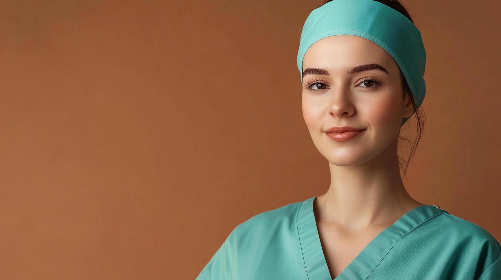 Portrait of a medical professional, wearing a green surgical gown and headband, with a warm, confident smile. She appears ready to help. photo
