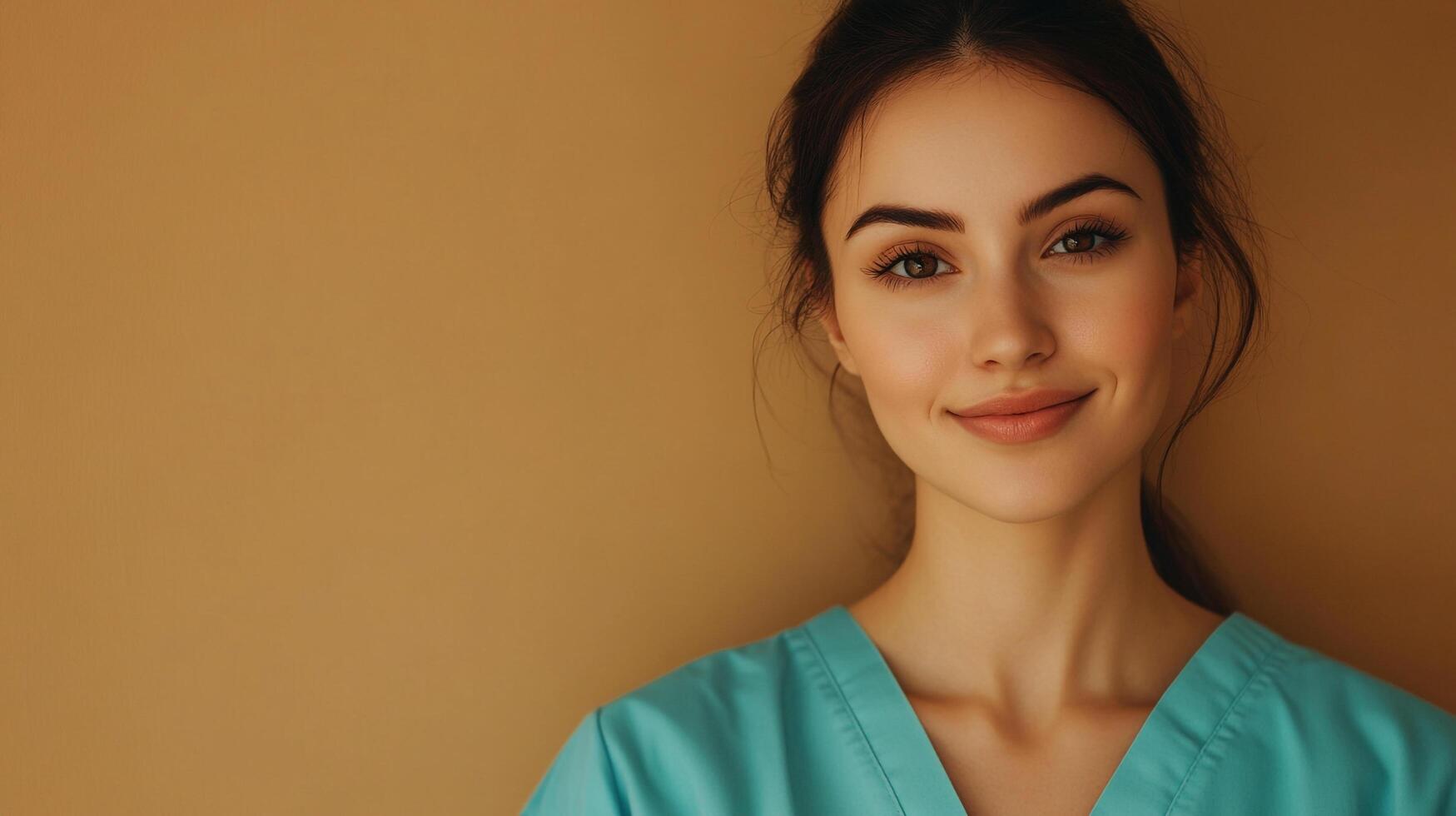 Portrait of a smiling healthcare professional in scrubs. A friendly face of medicine representing compassion and dedication in healthcare. photo