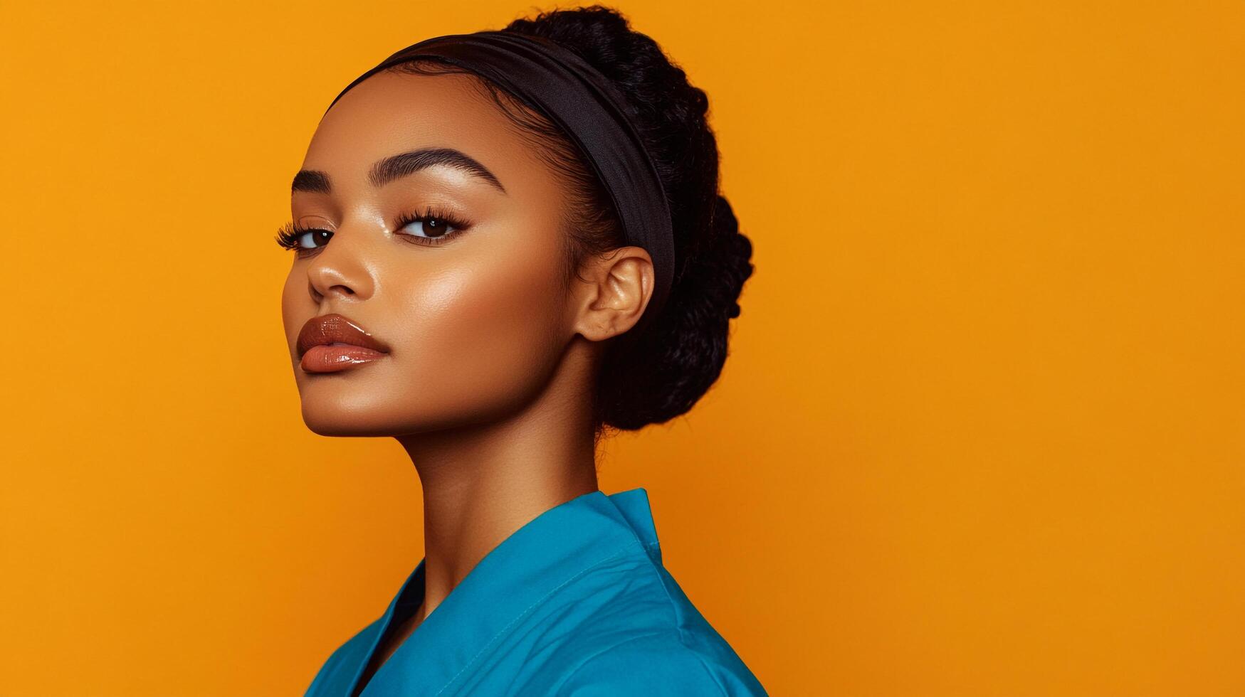 Portrait of woman with sleek hair and makeup, posing against a bold, solid colored background, showcasing beauty and style. photo