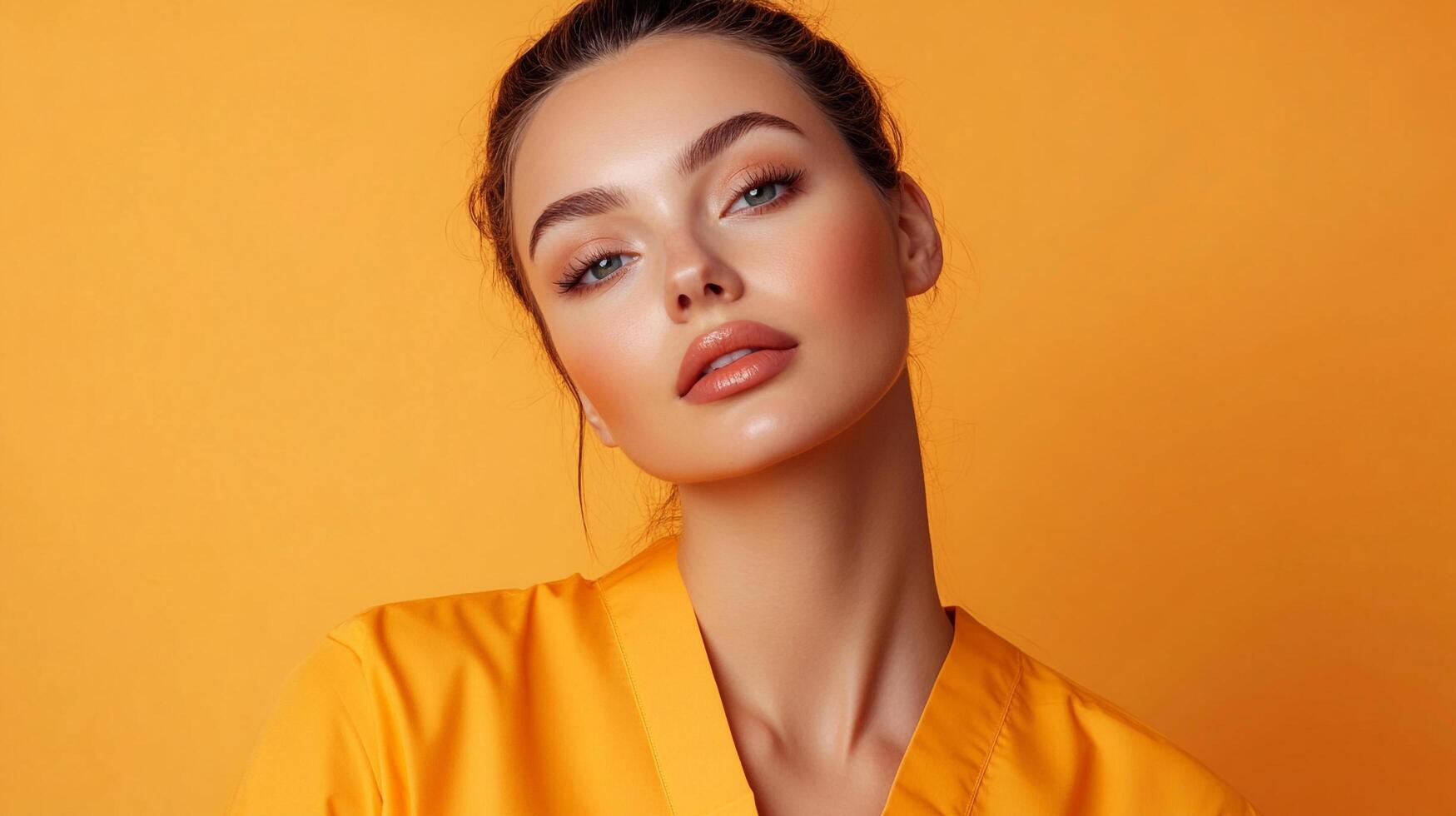 Beautiful woman with fresh makeup and wearing an orange shirt, posing in front of a bright orange background. Attractive and confident. photo