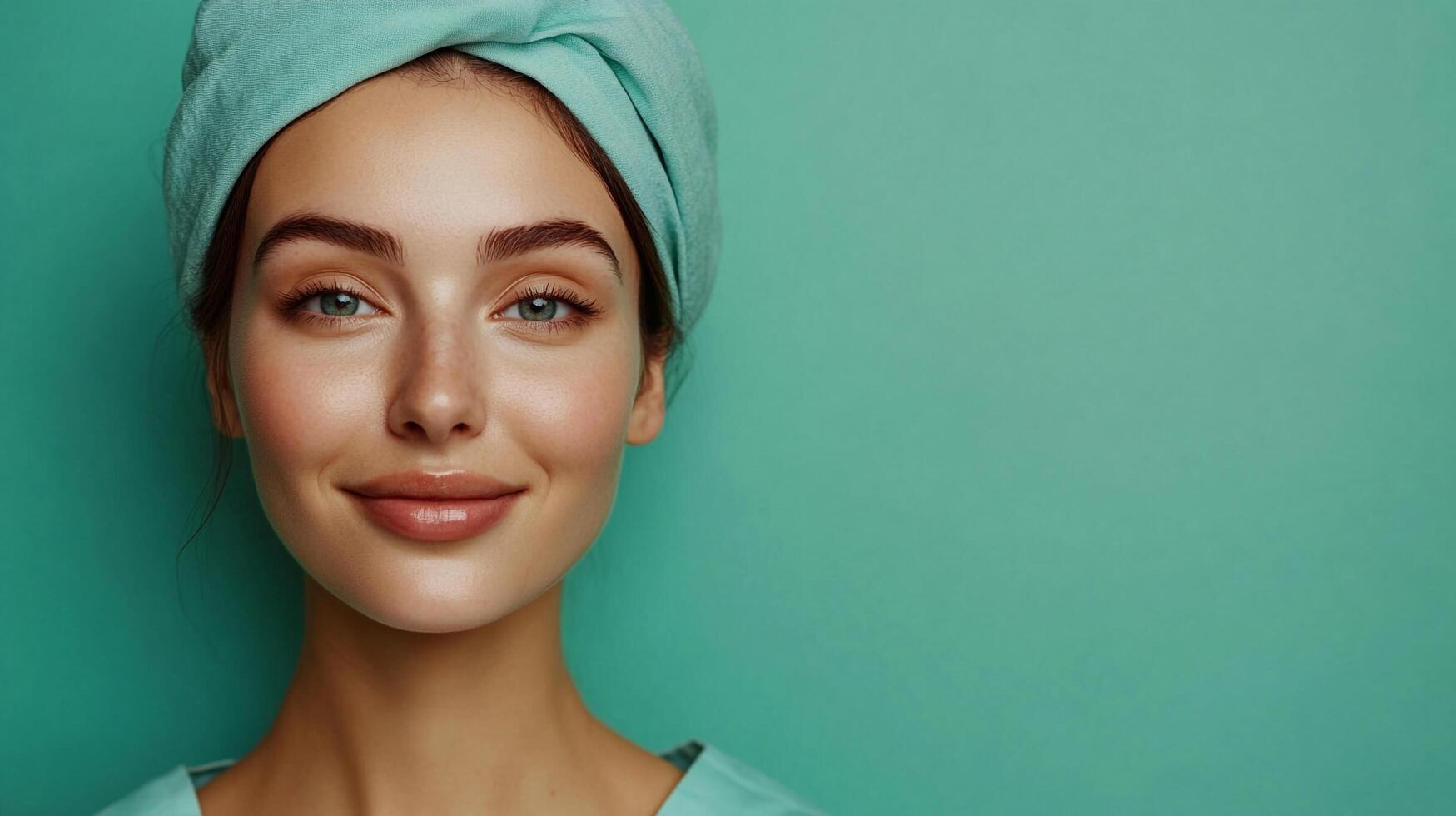 Smiling woman with headwrap. Fresh face with natural skin. Relaxing at home or getting ready for a spa treatment. Portrait on green background. photo