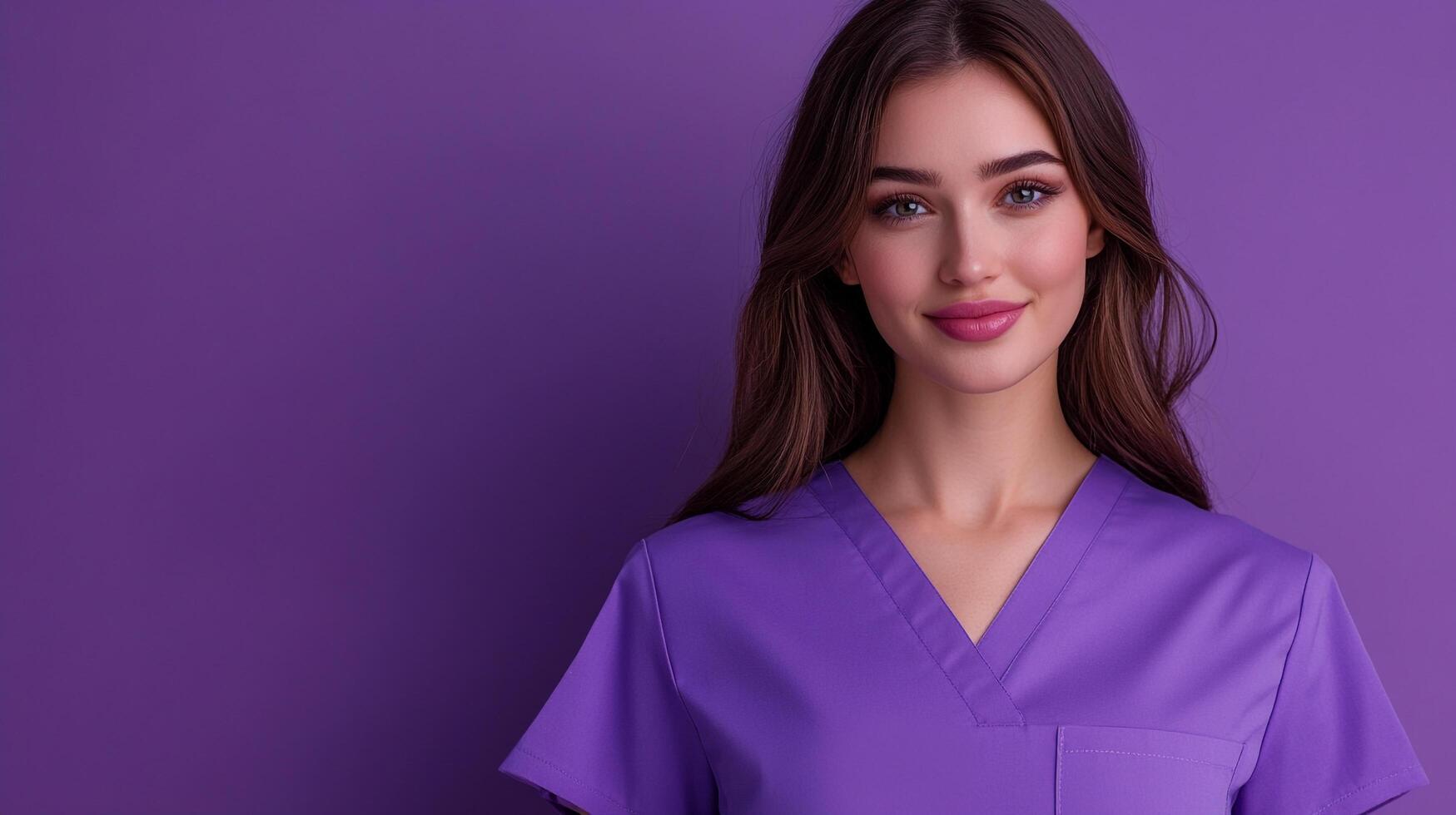 Confident healthcare professional in purple scrubs, looking friendly and ready to help on a solid purple background. She appears approachable. photo