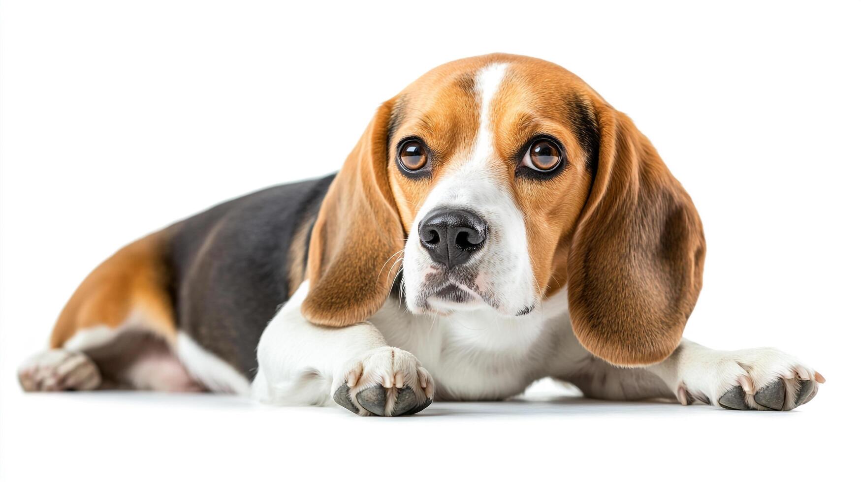 A charming beagle lies serenely against a crisp white backdrop, showcasing its expressive eyes and classic tri-color coat in perfect clarity. photo