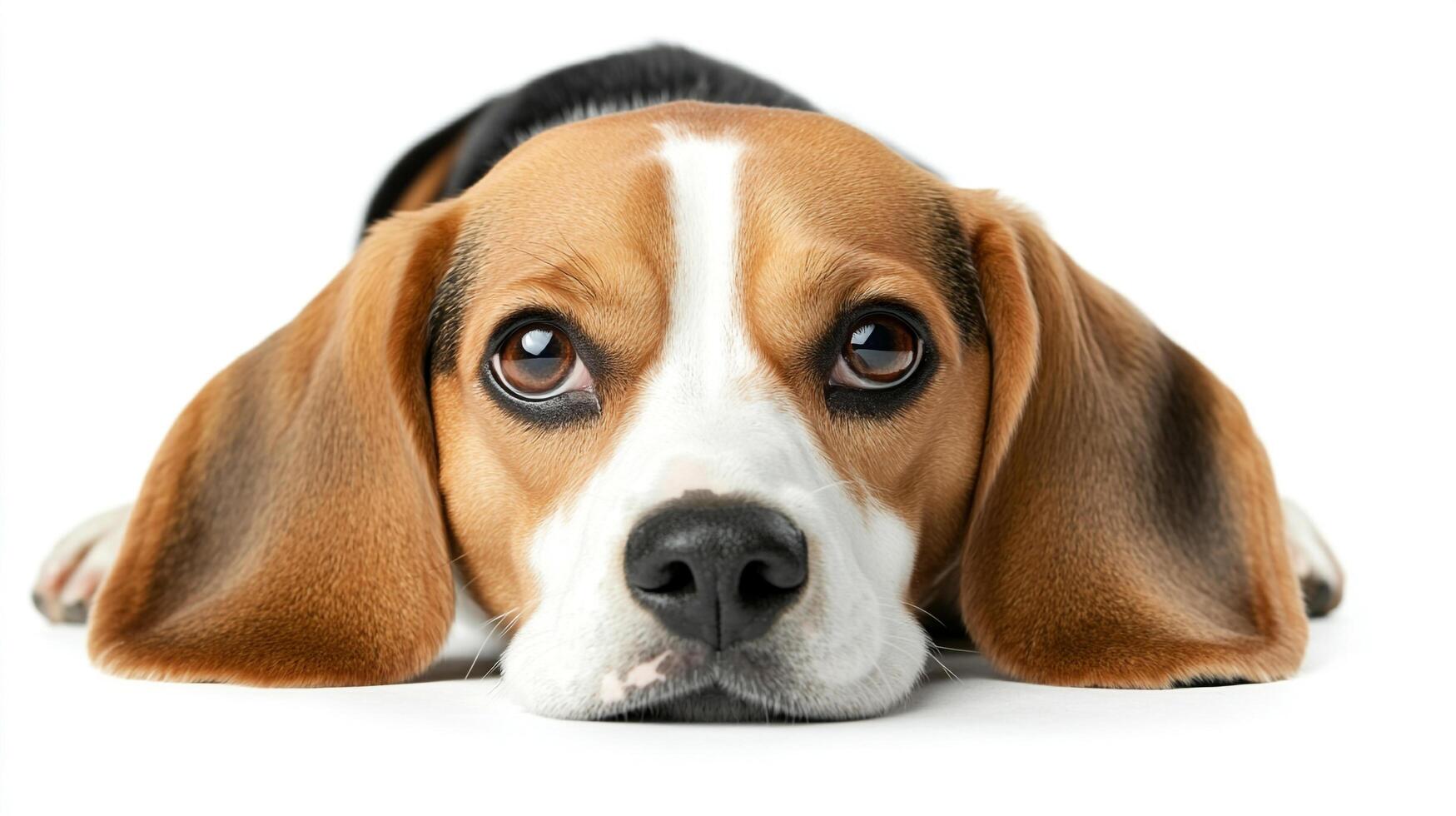 Close-up of a puppy laying down with brown and white fur, soulful eyes and long ears set against a bright white background in high detail. photo