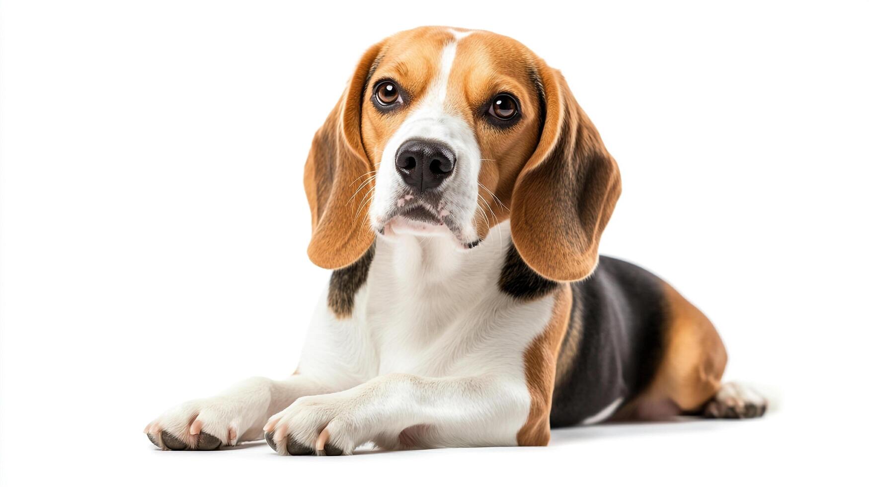 Alert dog rests on a bright white surface. Its eyes are wide, and it seems to be looking directly at the camera. photo