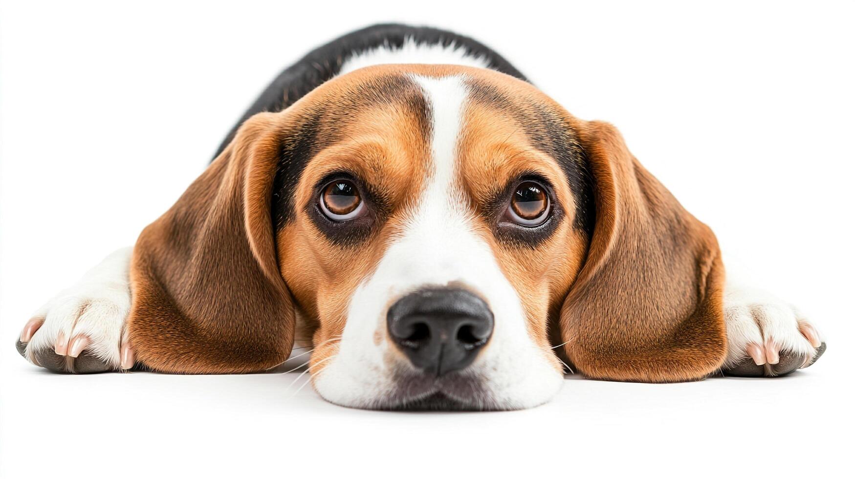 A cute, tri-colored dog with floppy ears gazes directly at the camera, its paws stretched out, against a solid white background. photo