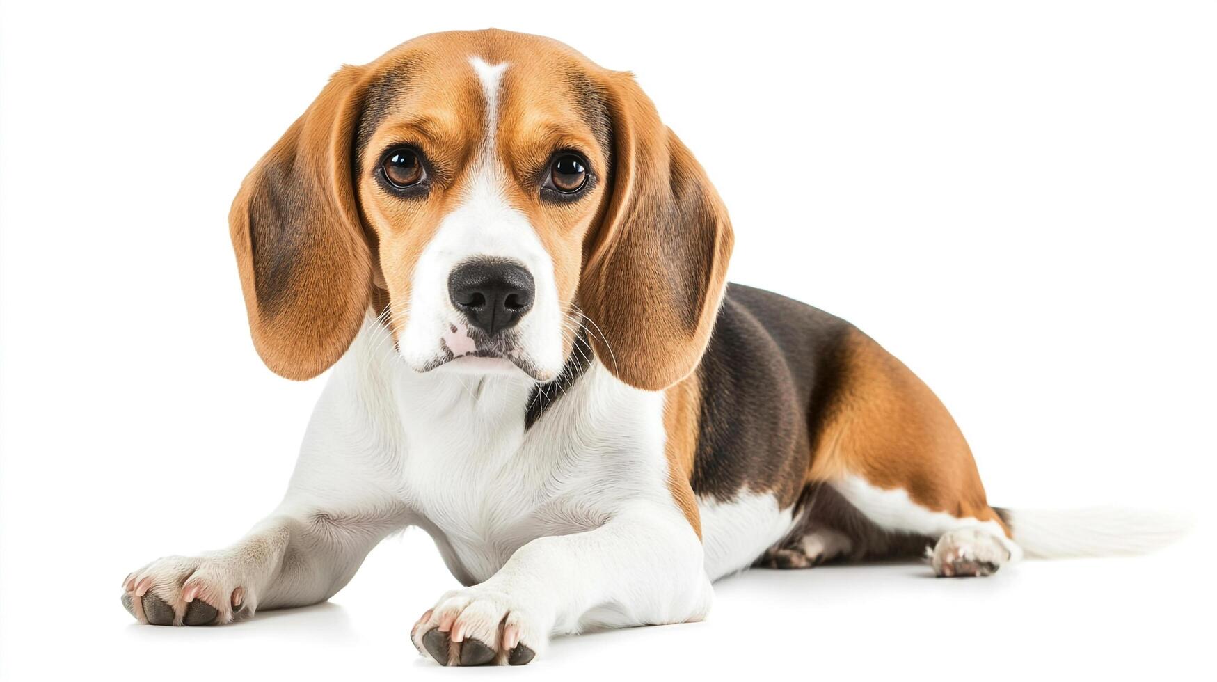 A charming beagle with a gentle gaze, resting gracefully on a white backdrop, showcasing its tricolor coat and endearing features. photo