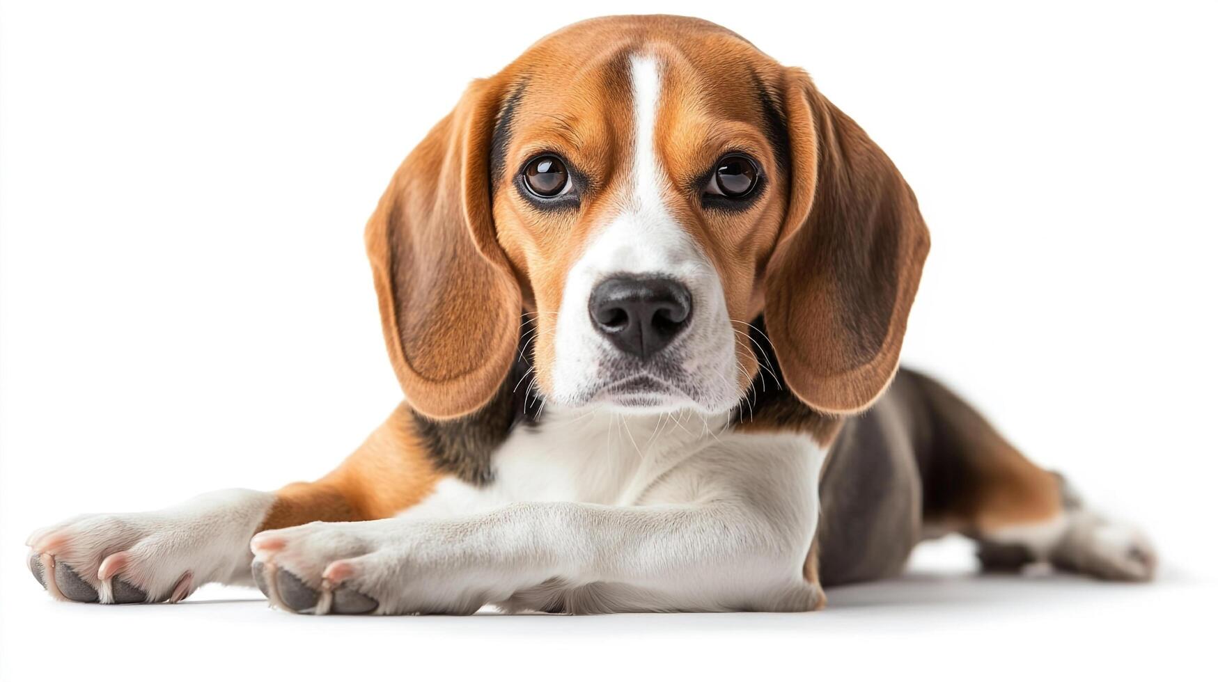 A charming beagle puppy with its floppy ears and sweet expression, resting peacefully against a pure white backdrop in a studio setting. photo