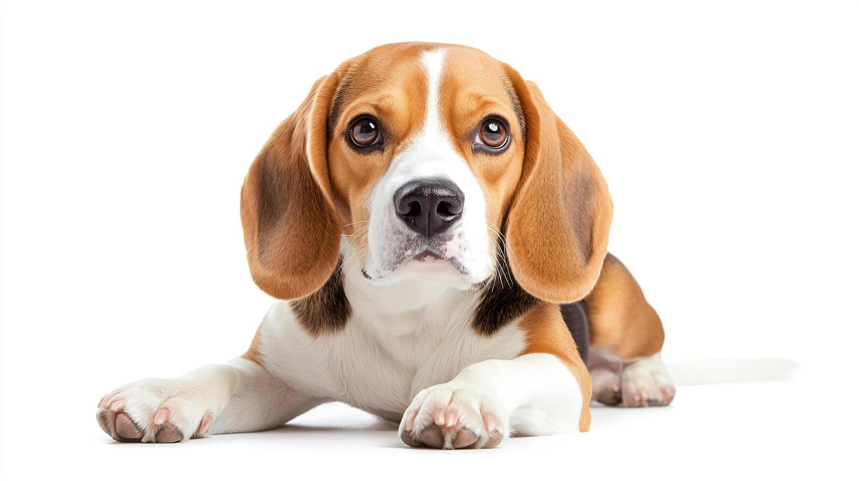 Beagle puppy laying down looking at the viewer on a white background in a studio setting with bright lighting. Calm, relaxed pose. photo