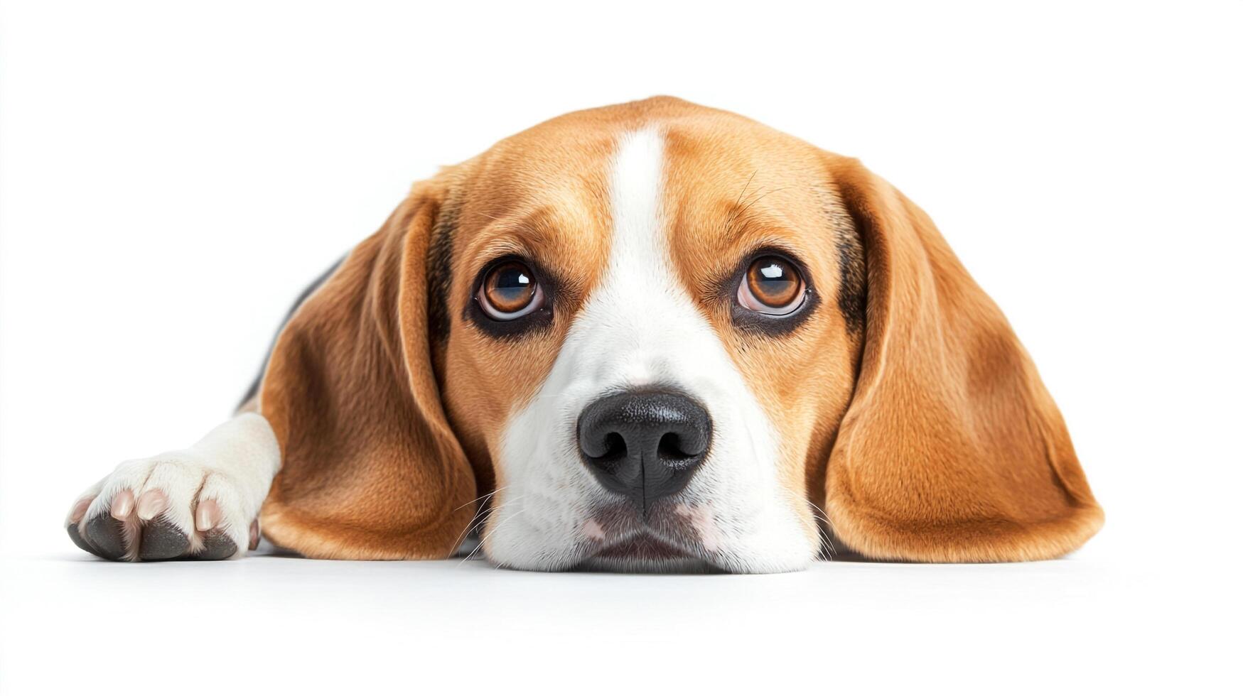 Portrait of a dog with soulful eyes resting on a white surface, showcasing its soft fur and endearing expression. photo