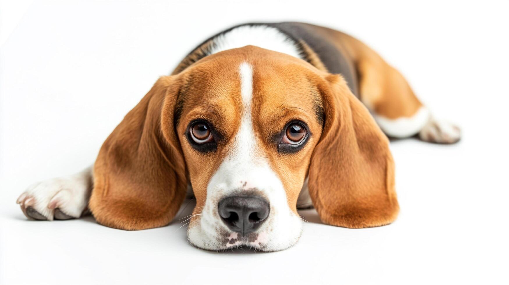 Beagle with adorable, pleading eyes rests on white surface, its long ears framing its face, exuding a relaxed and gentle presence. photo