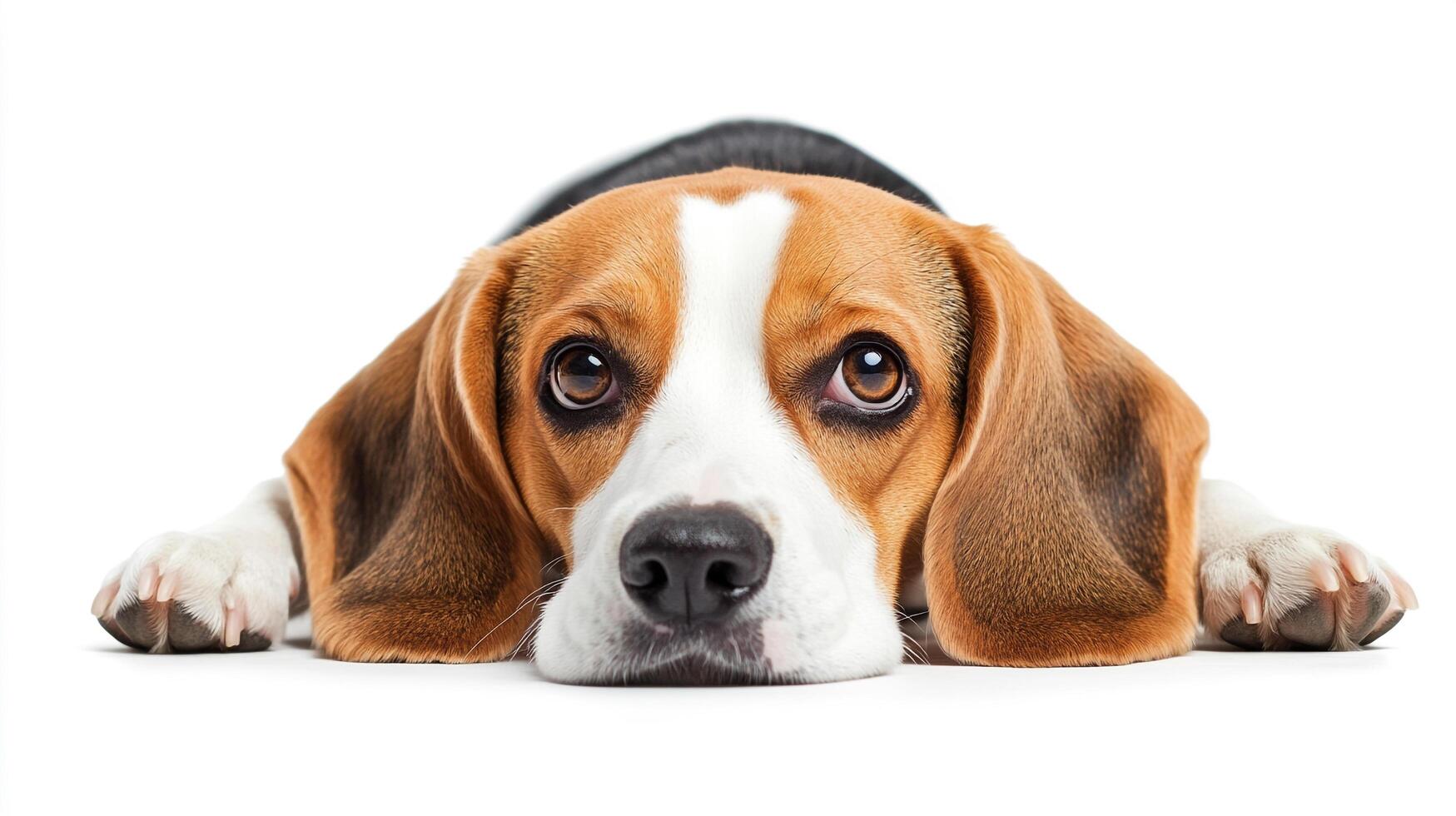 A charming beagle puppy with big brown eyes, lying down with a cute expression, captured in a studio shot on a white background. photo
