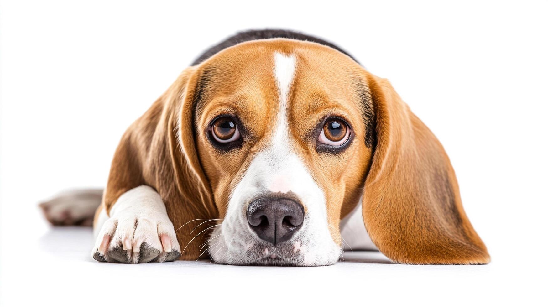 Close-up of a sad-looking beagle dog with soft brown eyes laying down on a white surface, expressing loneliness or boredom. photo