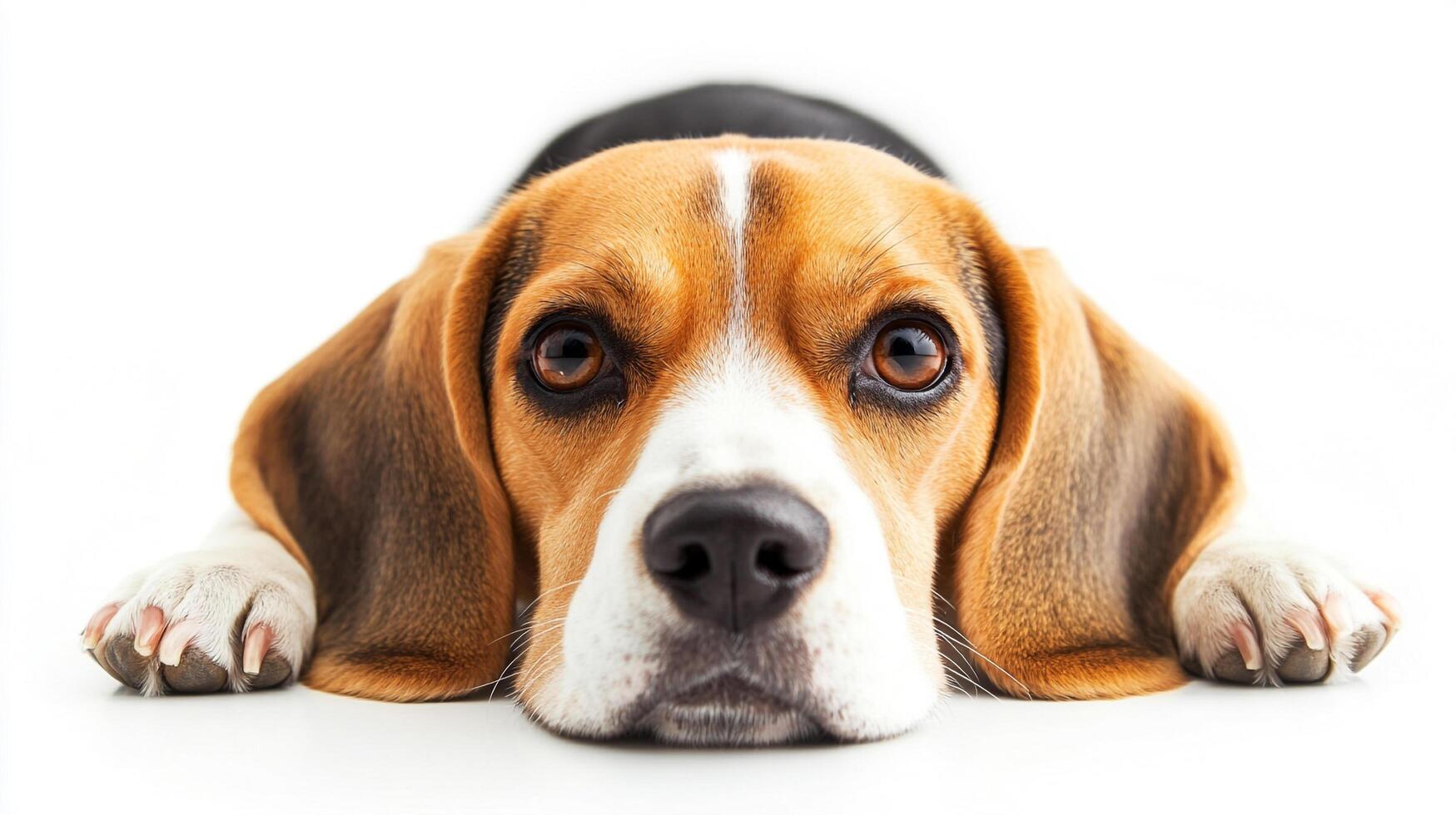 A portrait of a beagle laying down with its head and paws resting on a white background. The beagle is looking directly at the camera. photo