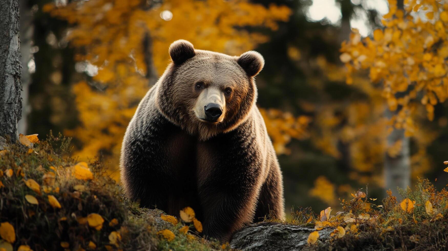 A magnificent brown bear stands in an autumn forest, its fur gleaming in the sunlight, creating a serene yet powerful image. photo