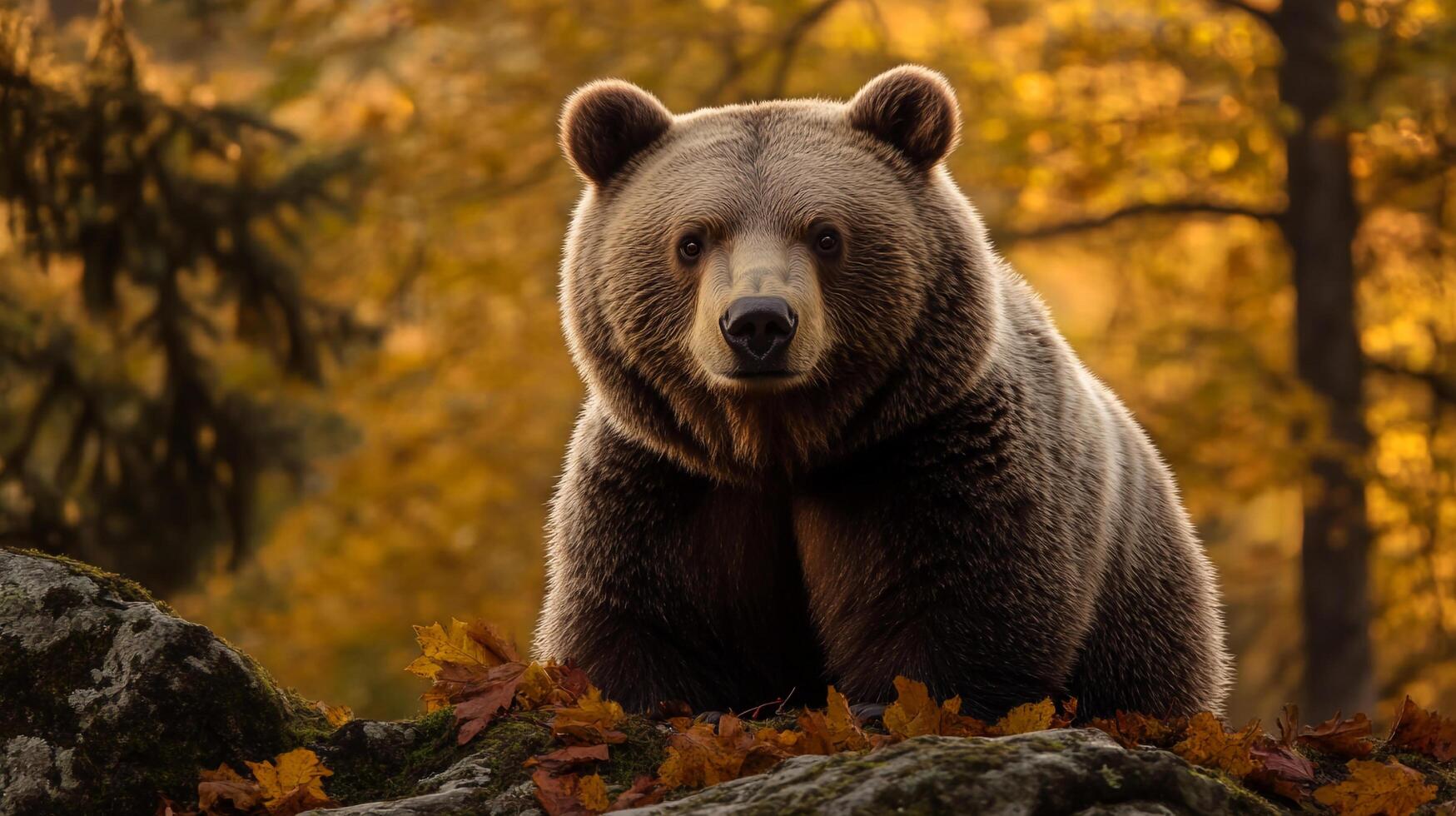 Majestic brown bear resting on a mossy rock. Golden autumn foliage creates a beautiful backdrop for this stunning wildlife portrait. photo