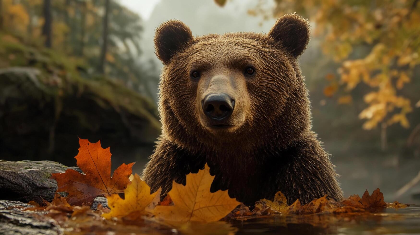 A majestic brown bear emerges from a serene autumn stream, surrounded by vibrant fallen leaves, creating a picturesque wildlife scene. photo