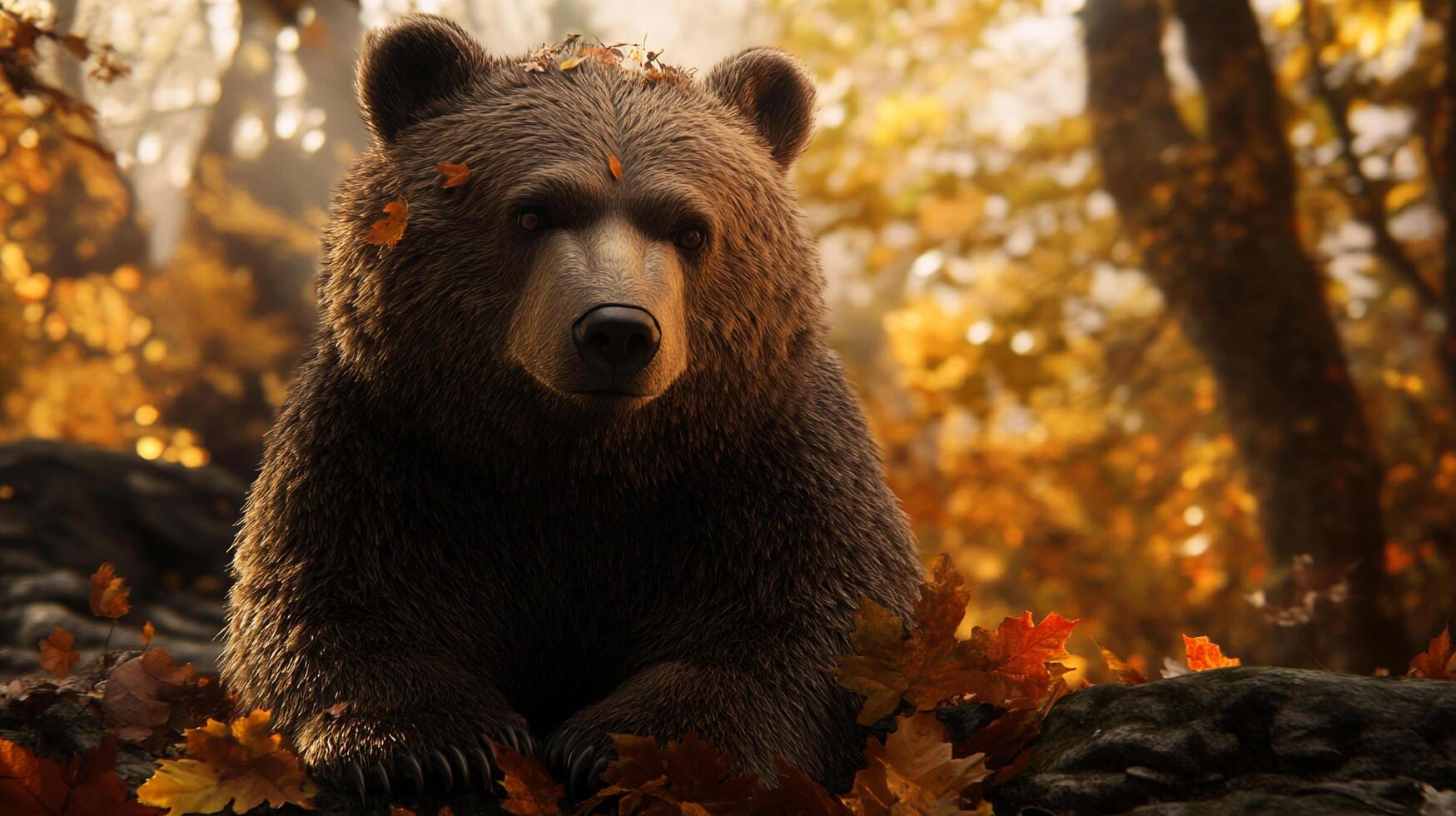 A majestic brown bear rests among the vibrant autumn foliage, creating a serene wildlife portrait in a golden forest setting. photo