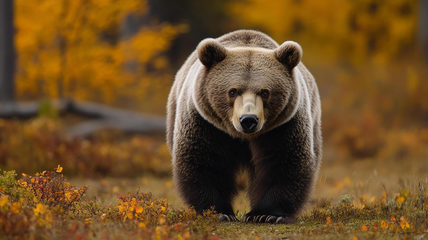 Grizzly bear strides through an autumn landscape, its powerful frame a majestic force against the golden hues of the season. photo