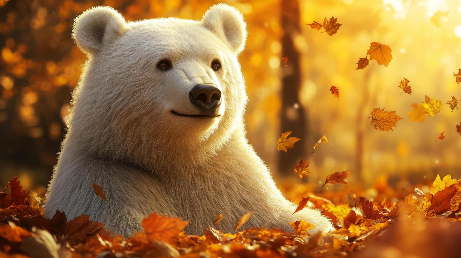 A majestic polar bear resting among fallen golden leaves during autumn, basking in the warm sunlight amidst a serene forest scene. photo