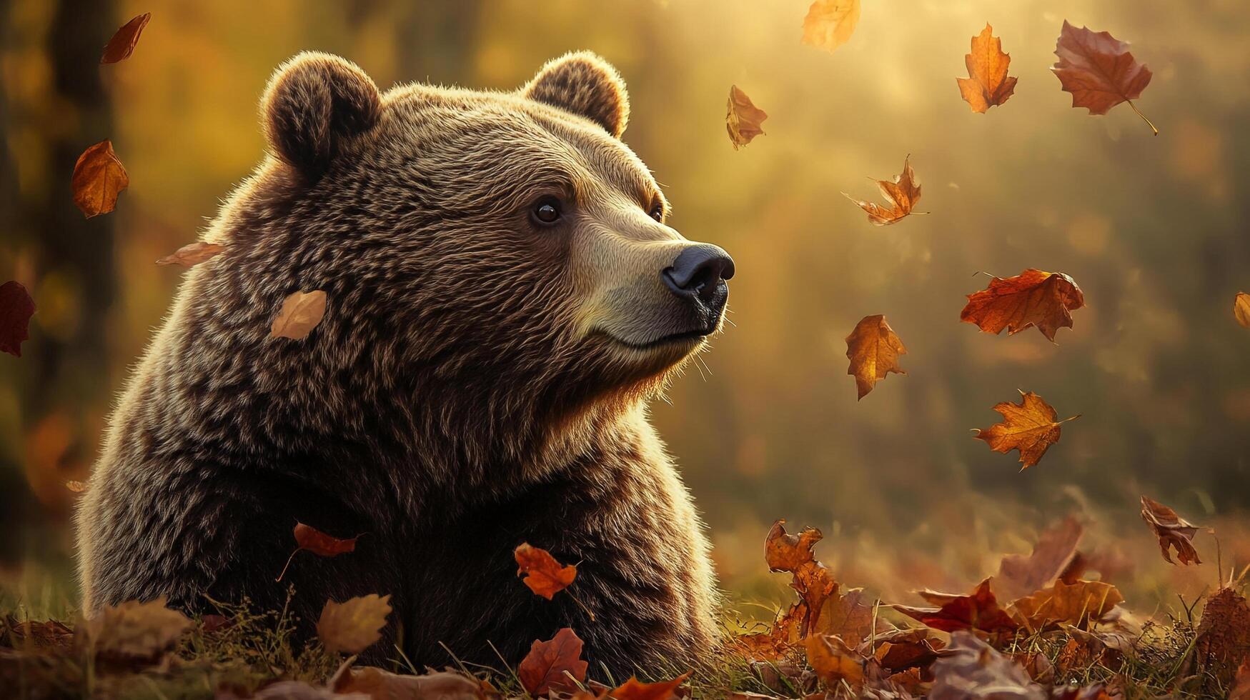 A majestic bear in an autumn forest, surrounded by falling leaves, evoking a sense of peace and wildness. The golden hour shines through. photo