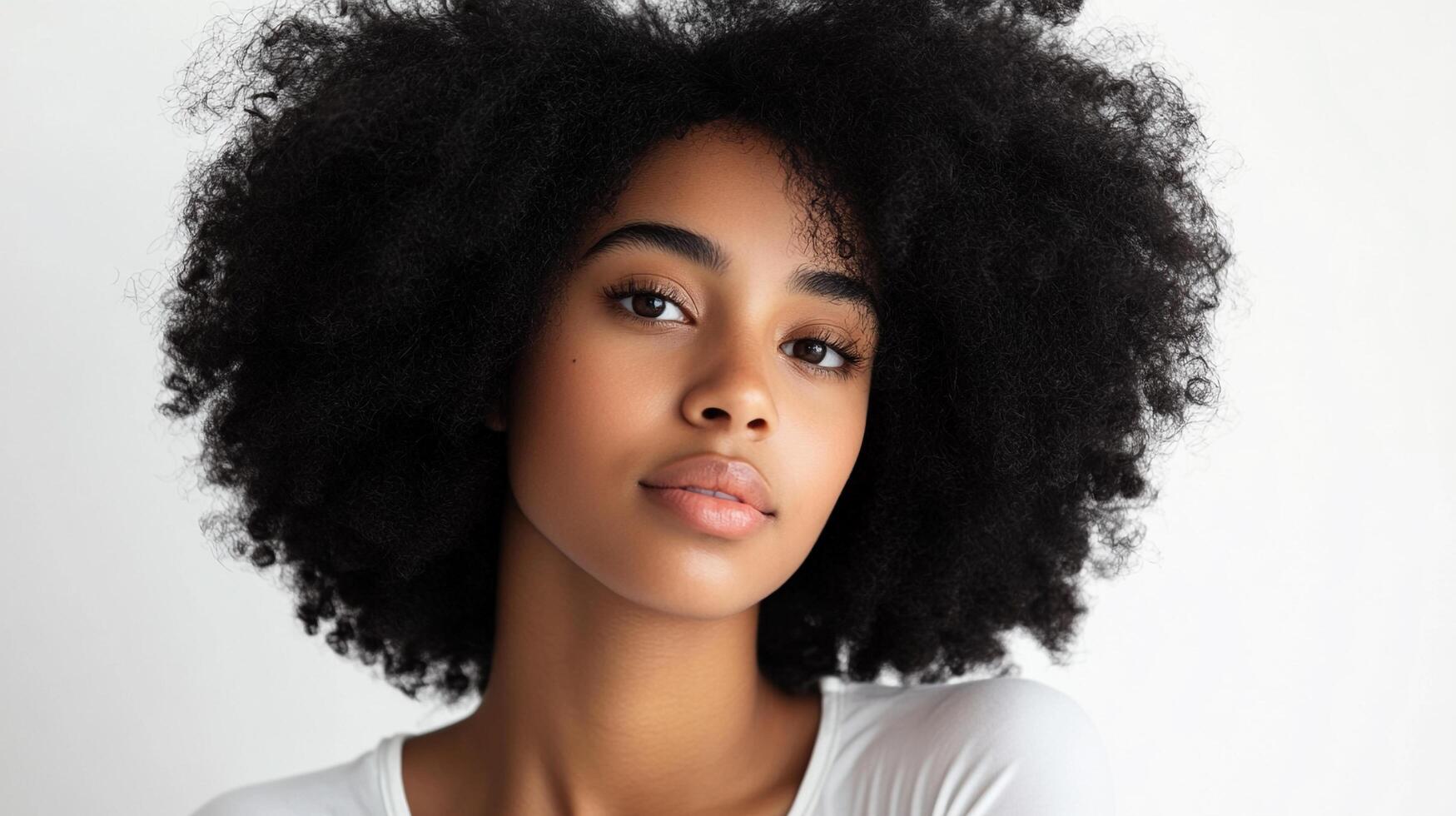 Striking portrait of a beautiful young woman with voluminous, natural afro hair against a clean white background. Head and shoulder shot. photo